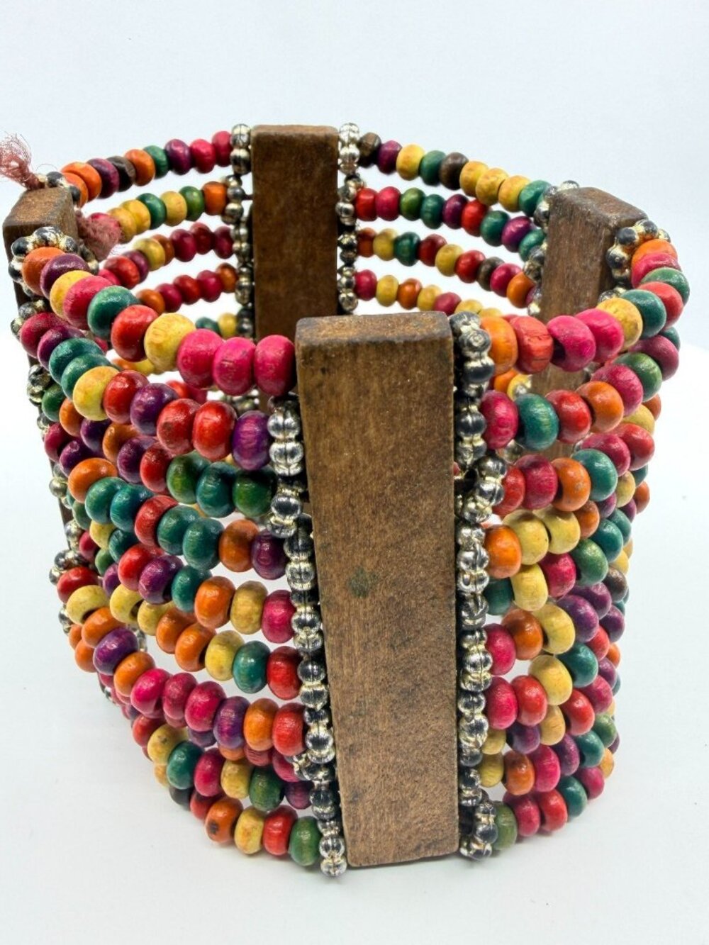 Vintage Boho Multicolor Wood Bead Wide Stretch Cuff Bracelet Tribal Festival Y2K